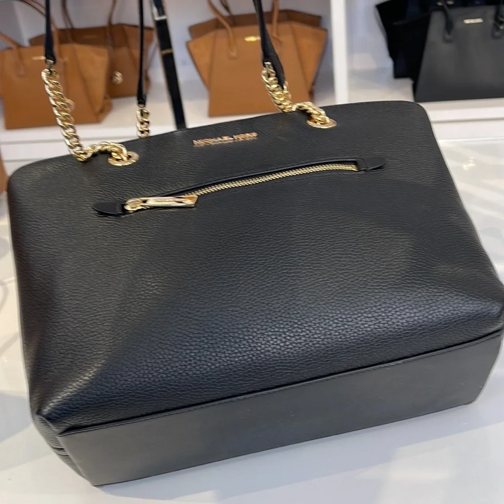 MICHAEL KORS Jet Set Medium Front Zip Pebbled Leather Chain Tote Bag Black